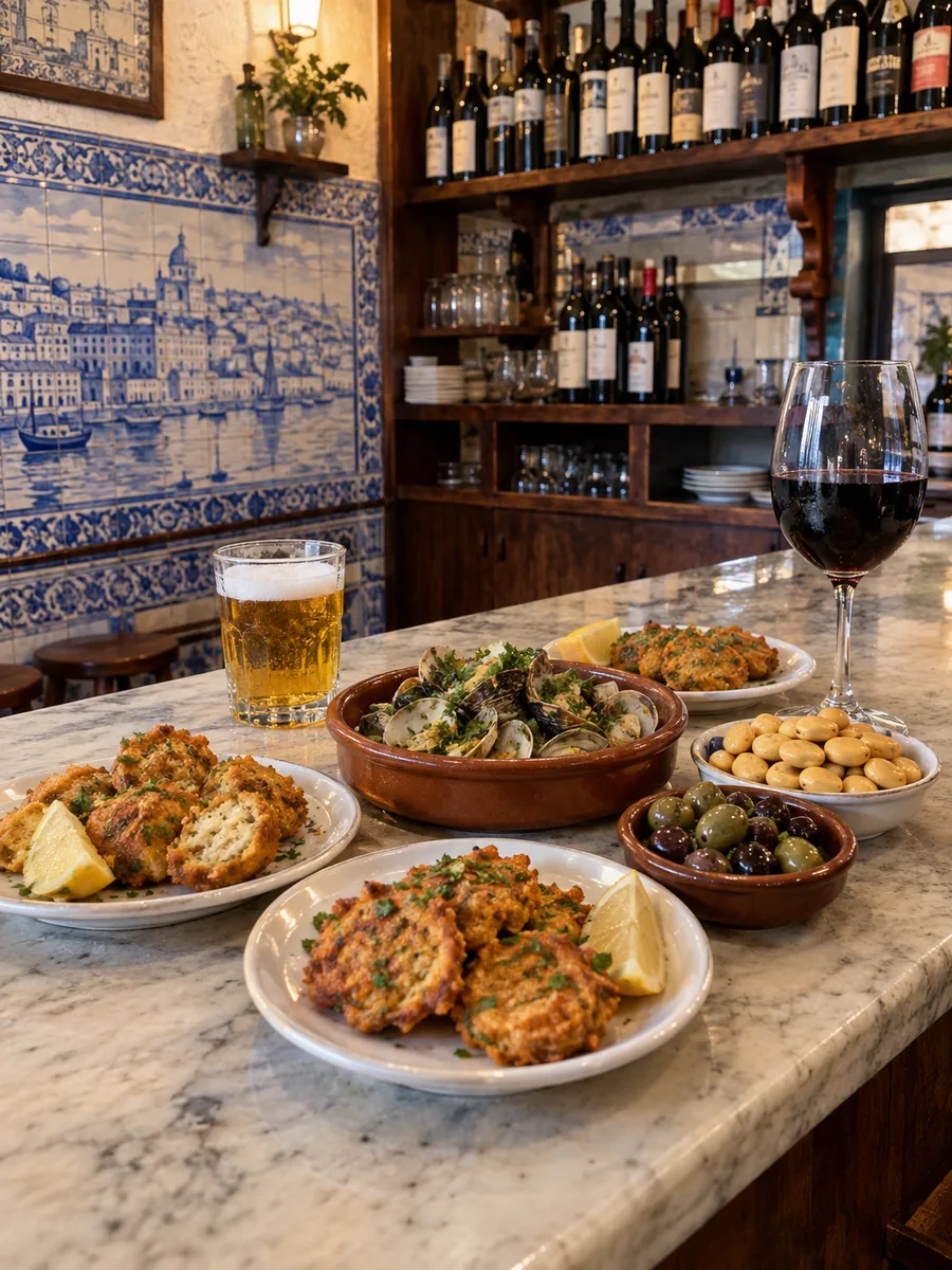Um balcão de tasca em mármore gasto com pastéis de bacalhau, amêijoas à Bulhão Pato, azeitonas, tremoços, uma imperial e vinho tinto, azulejos azuis e brancos ao fundo